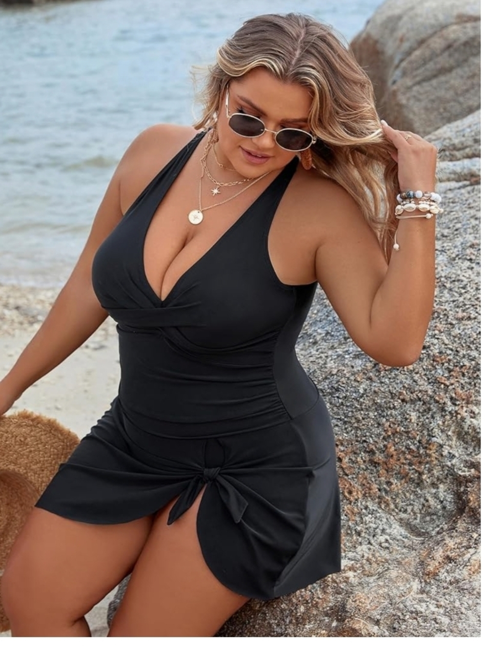 BLOOMING JELLY - 3X Black 1 Piece V-Neck Swim Dress with Side Knot - Picture 5 of 12
